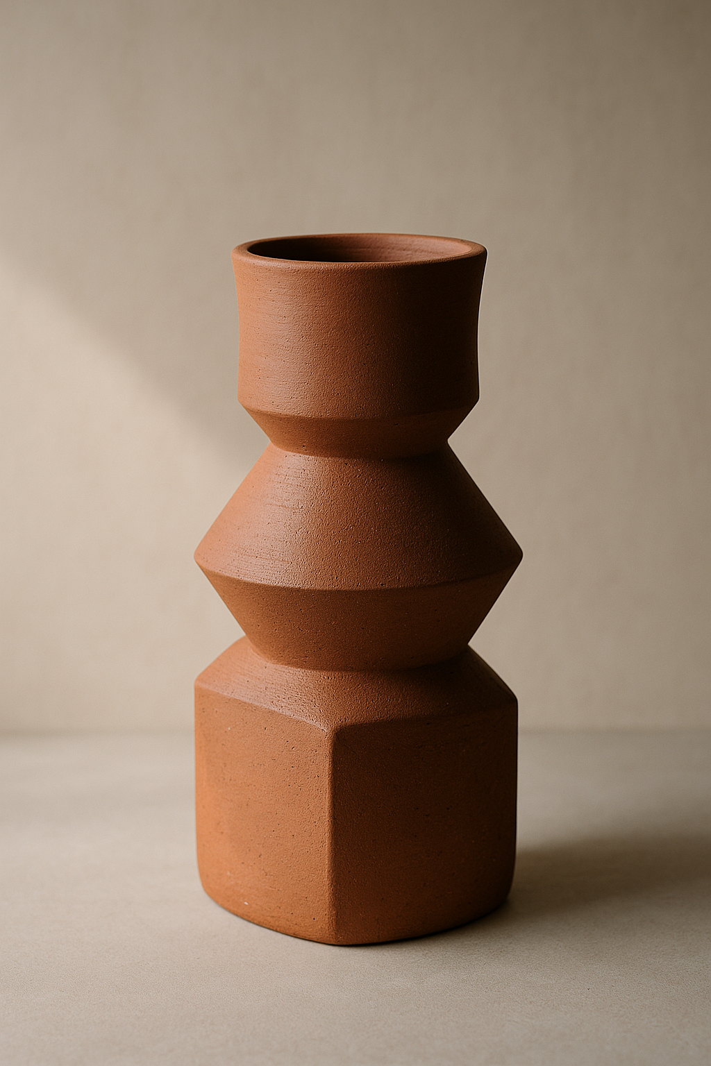 Applying modern geometric shapes to the traditional red ceramic vase design of Vinh Long.